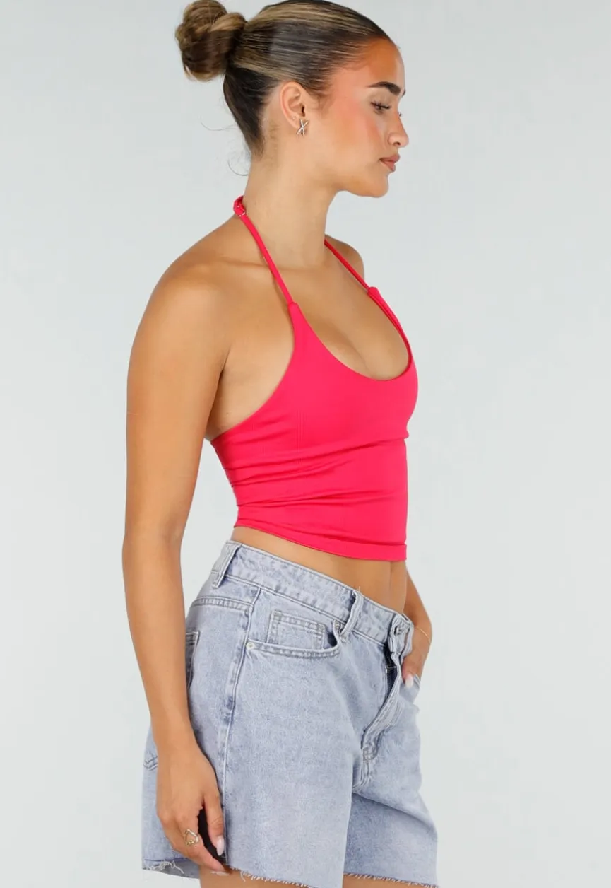 Roze Halter Sport Top met Verstelbaar Halterbandje, Uitneembare Pads en Stretch