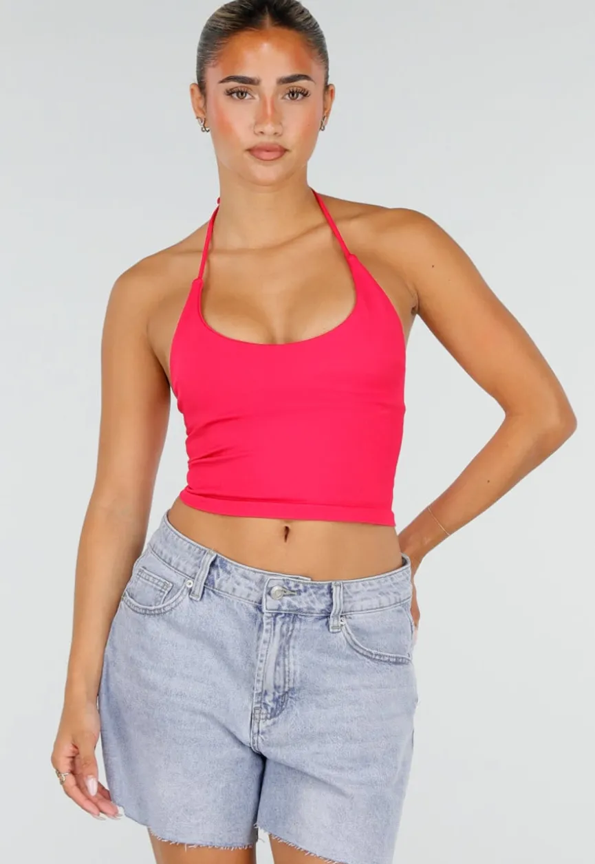 Roze Halter Sport Top met Verstelbaar Halterbandje, Uitneembare Pads en Stretch