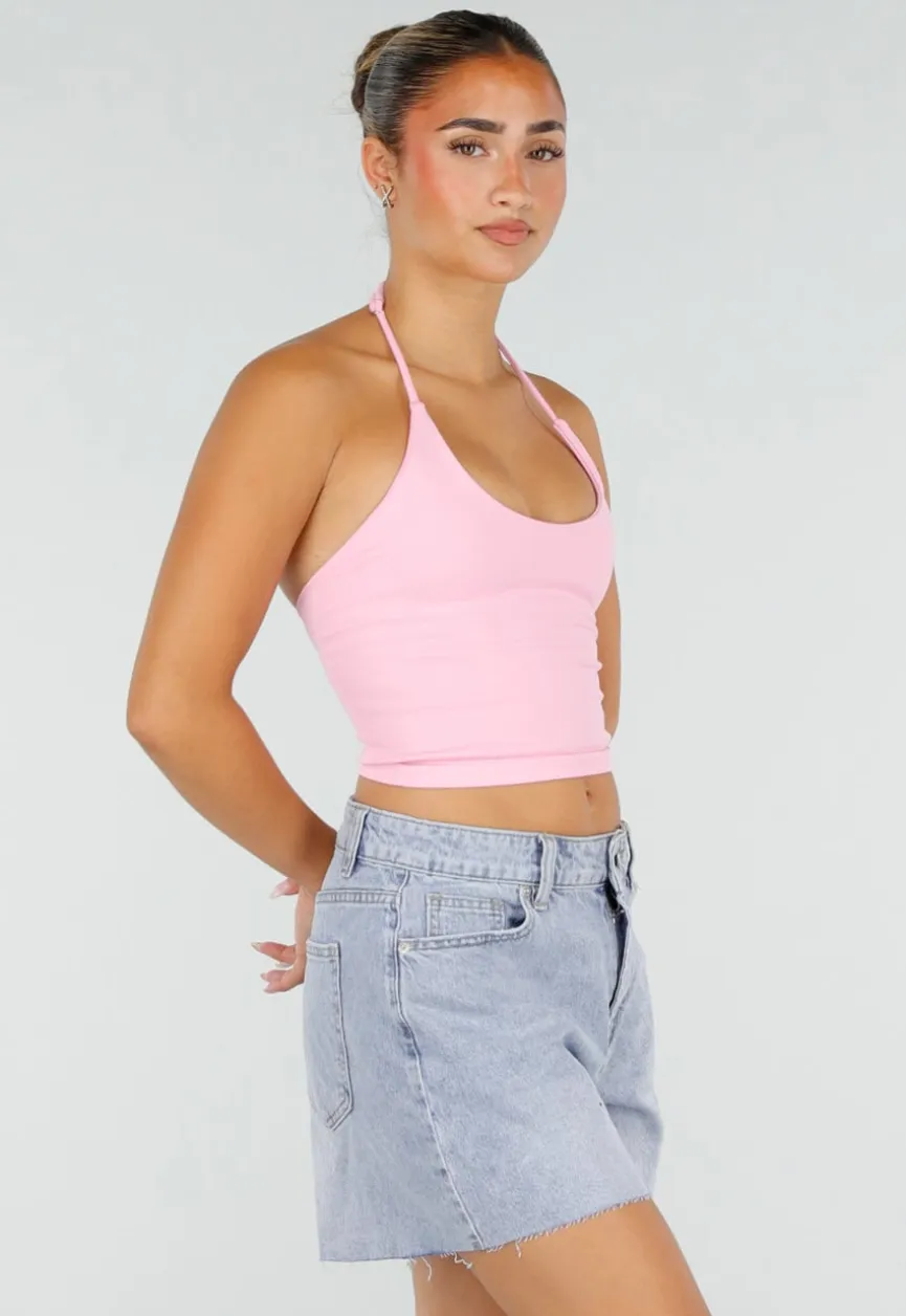 Roze Halter Sport Top met Verstelbaar Halterbandje, Uitneembare Pads en Stretch