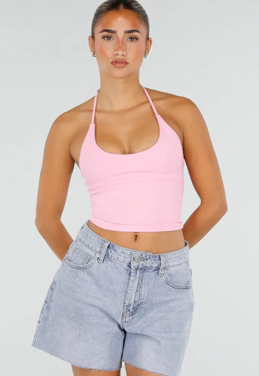 Roze Halter Sport Top met Verstelbaar Halterbandje, Uitneembare Pads en Stretch