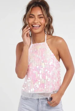 Roze Halter Top met Grote Pailletten en Transparante Onderlaag