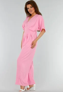 Roze Jumpsuit met V-Hals, Wijde Pijpen en Open Rug