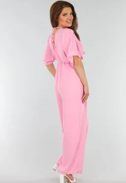 Roze Jumpsuit met V-Hals, Wijde Pijpen en Open Rug