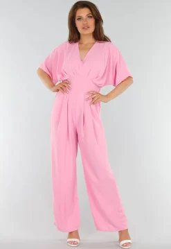 Roze Jumpsuit met V-Hals, Wijde Pijpen en Open Rug