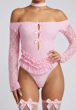 Roze Kanten Body met Lange Mouwen, Strikjes en Choker