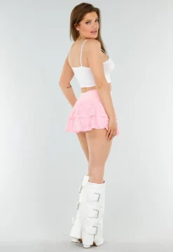 Roze Kanten Skort met Dubbele Ruches en Brede Tailleband