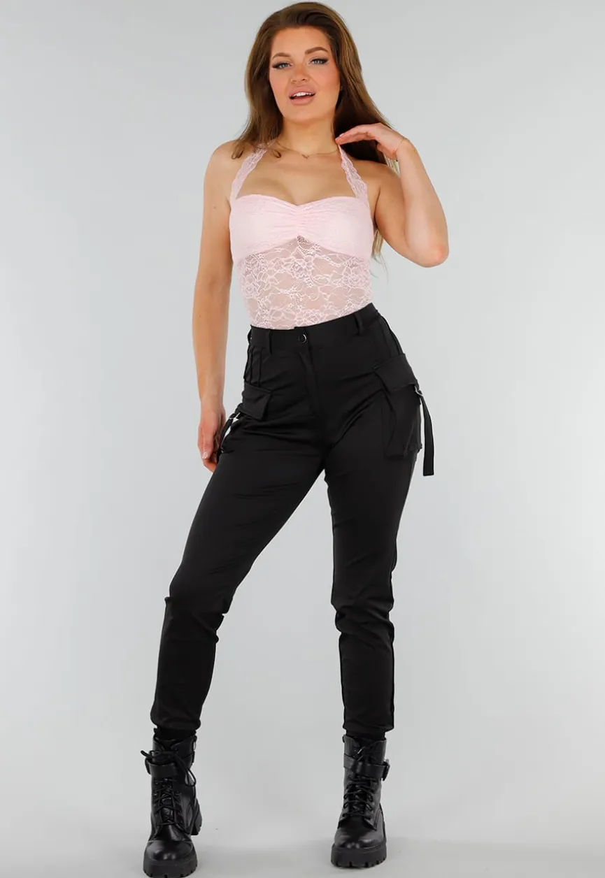 Roze Kanten Stretch Haltertop met Striksluiting
