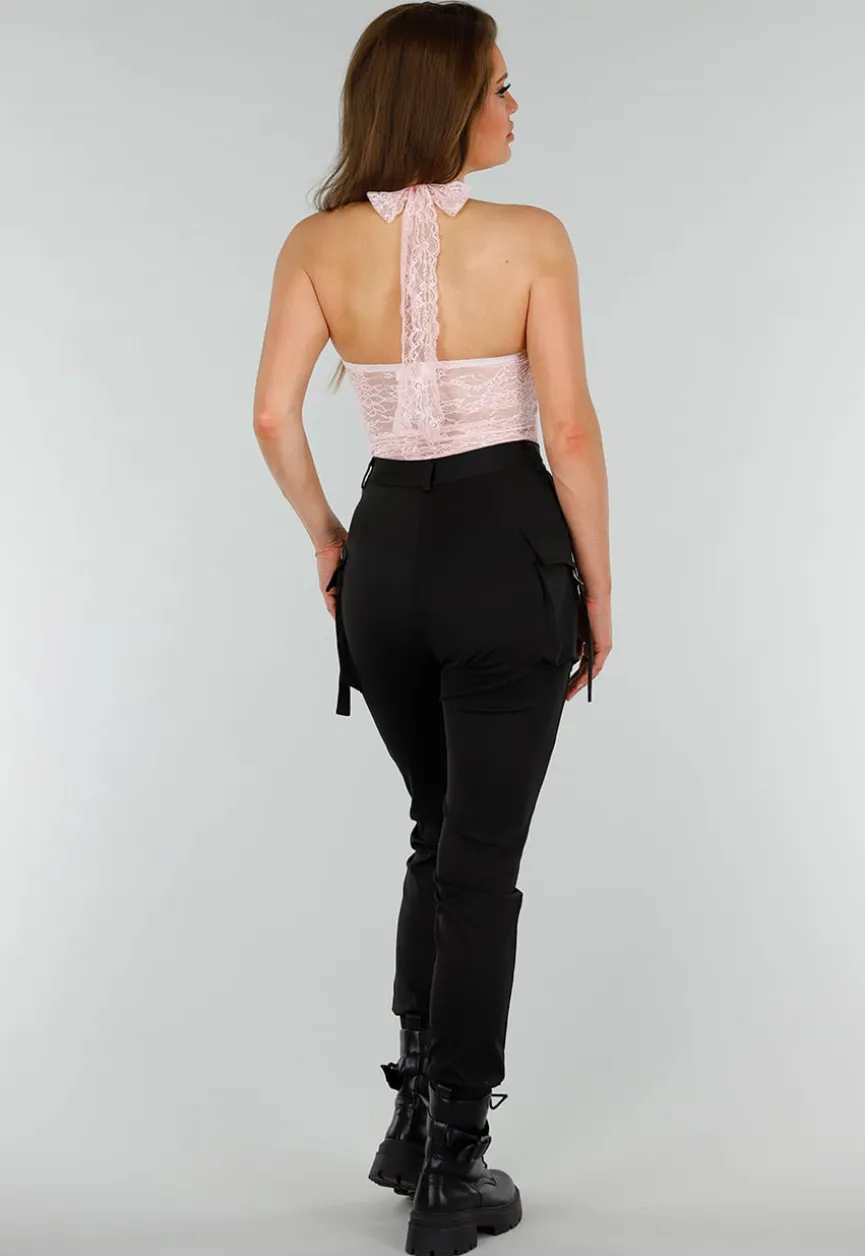 Roze Kanten Stretch Haltertop met Striksluiting