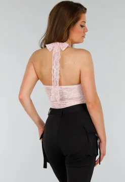 Roze Kanten Stretch Haltertop met Striksluiting