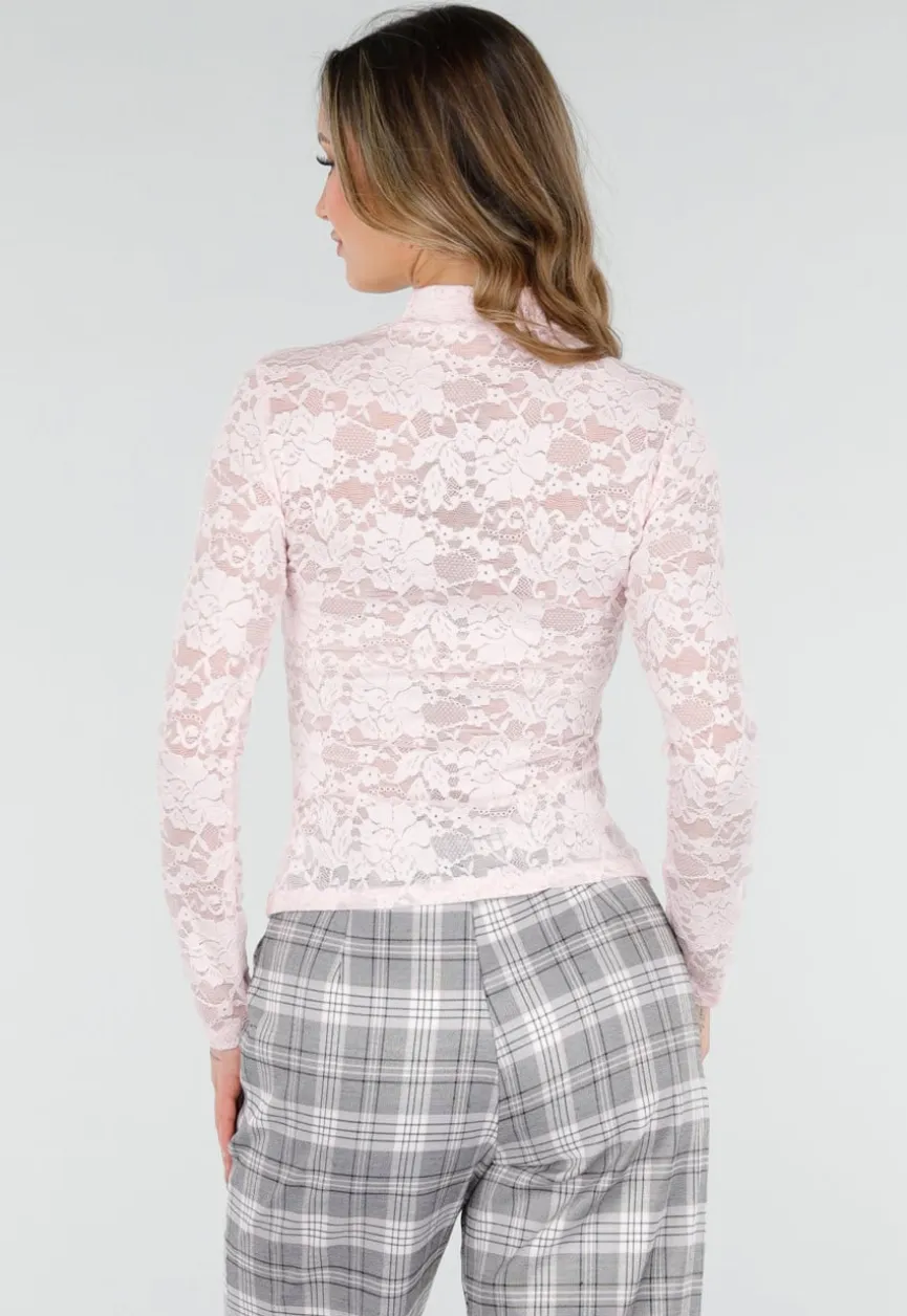 Roze Kanten Top met Lange Mouwen en Stretch