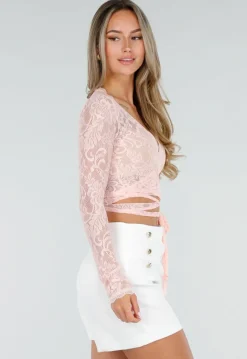 Roze Kanten Wikkel Top met Lange Mouwen