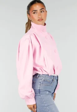 Roze Kort Jasje met Pofmouwen en Knoopsluiting