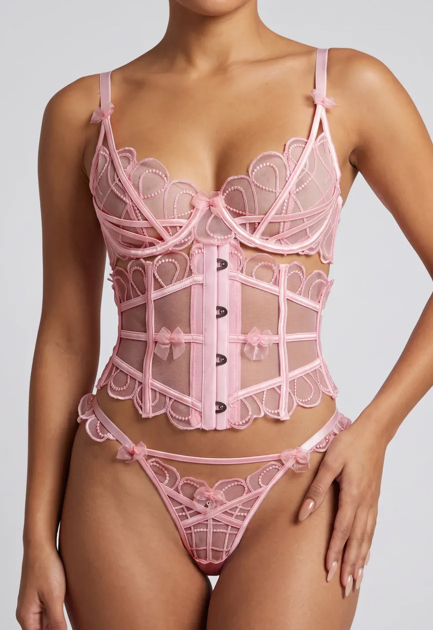 Roze Lingerie Set met Taille Korset En Beugel BH