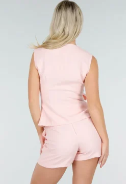 Roze Linnenlook Gilet Top met Overslag en Striksluiting