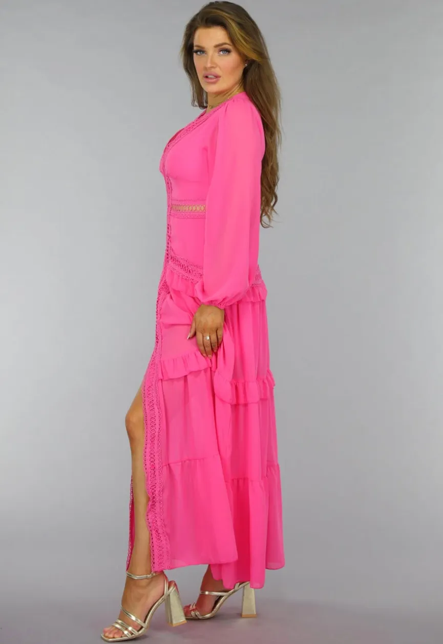 Roze Longsleeve Boho Jurk met Ruches