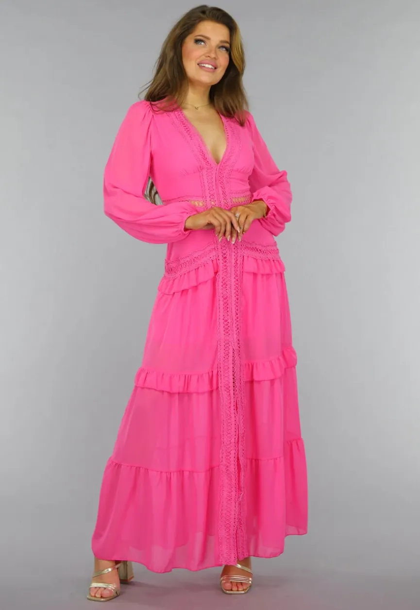 Roze Longsleeve Boho Jurk met Ruches