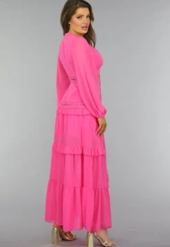 Roze Longsleeve Boho Jurk met Ruches
