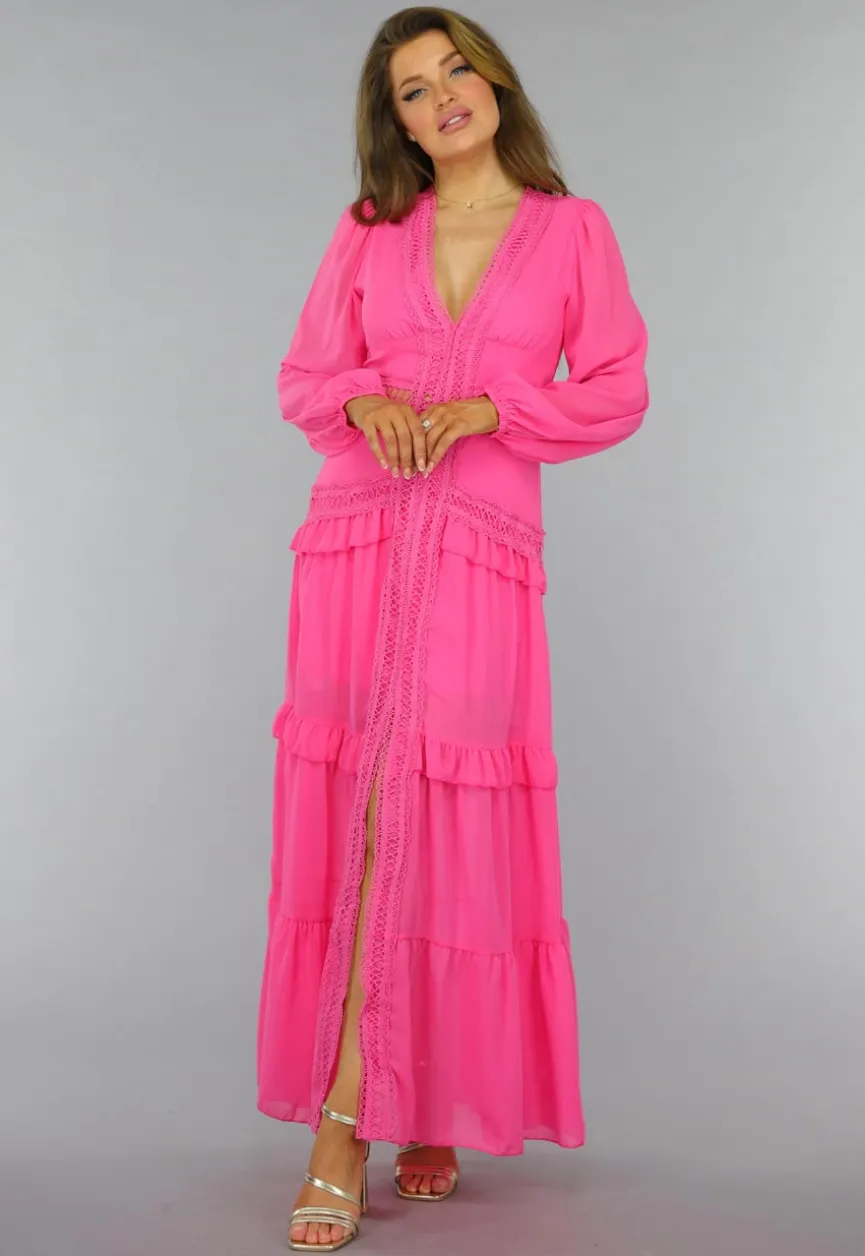 Roze Longsleeve Boho Jurk met Ruches