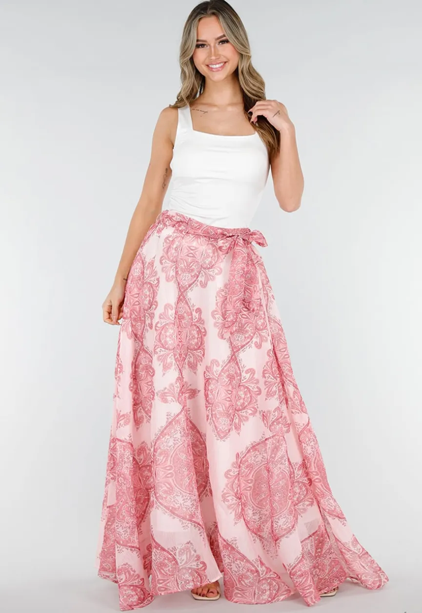 Roze Maxi Rok met Paisley Print en Strikceintuur