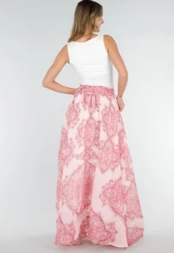 Roze Maxi Rok met Paisley Print en Strikceintuur