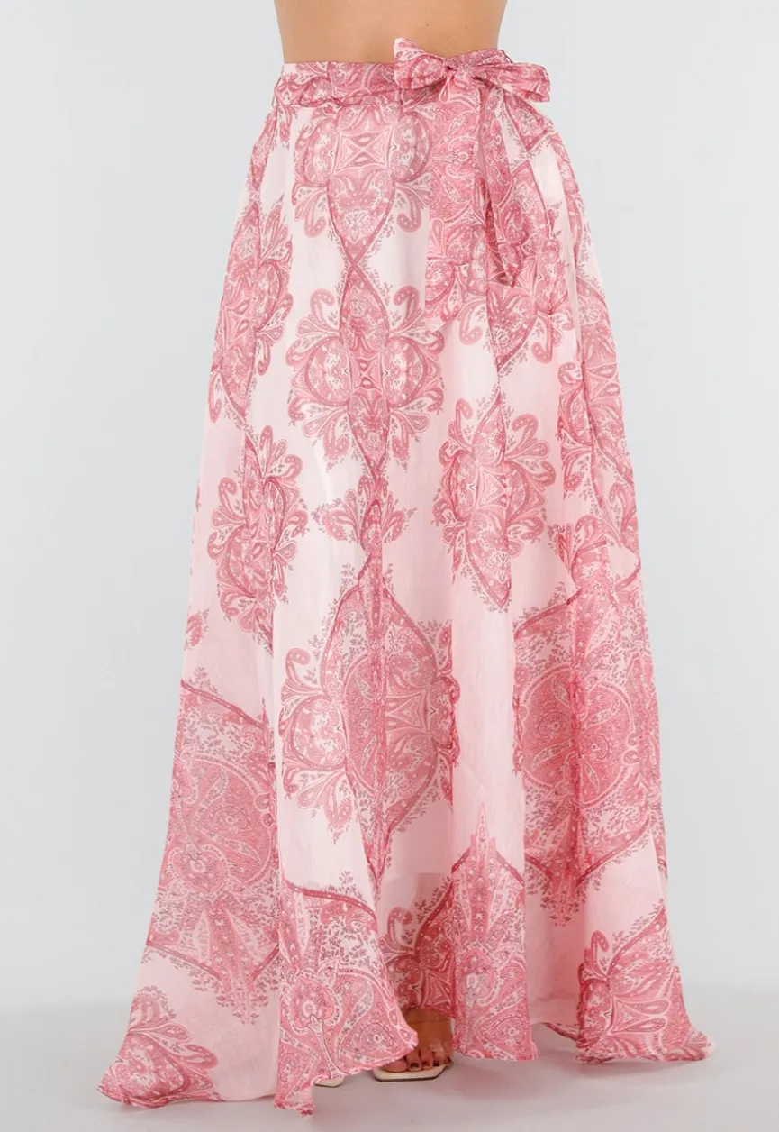 Roze Maxi Rok met Paisley Print en Strikceintuur