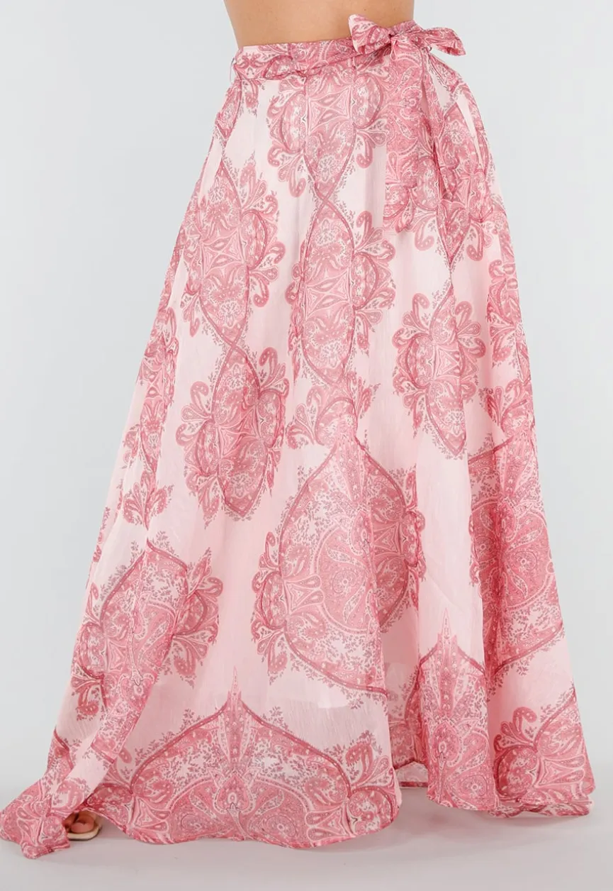 Roze Maxi Rok met Paisley Print en Strikceintuur