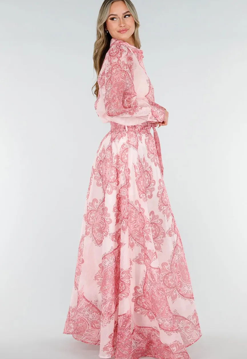 Roze Maxi Rok met Paisley Print en Strikceintuur