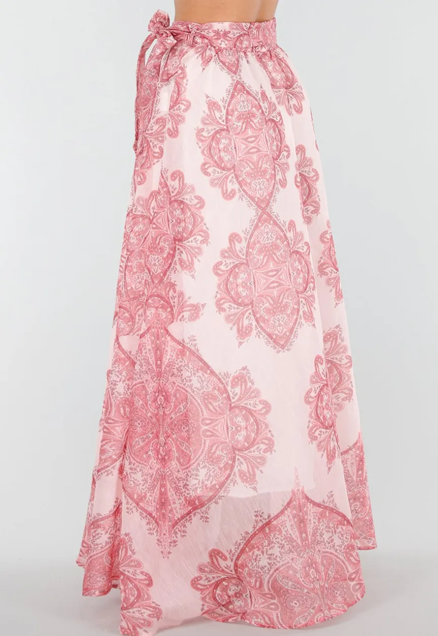 Roze Maxi Rok met Paisley Print en Strikceintuur
