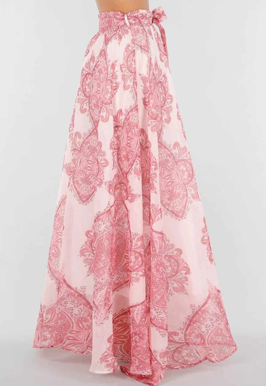 Roze Maxi Rok met Paisley Print en Strikceintuur