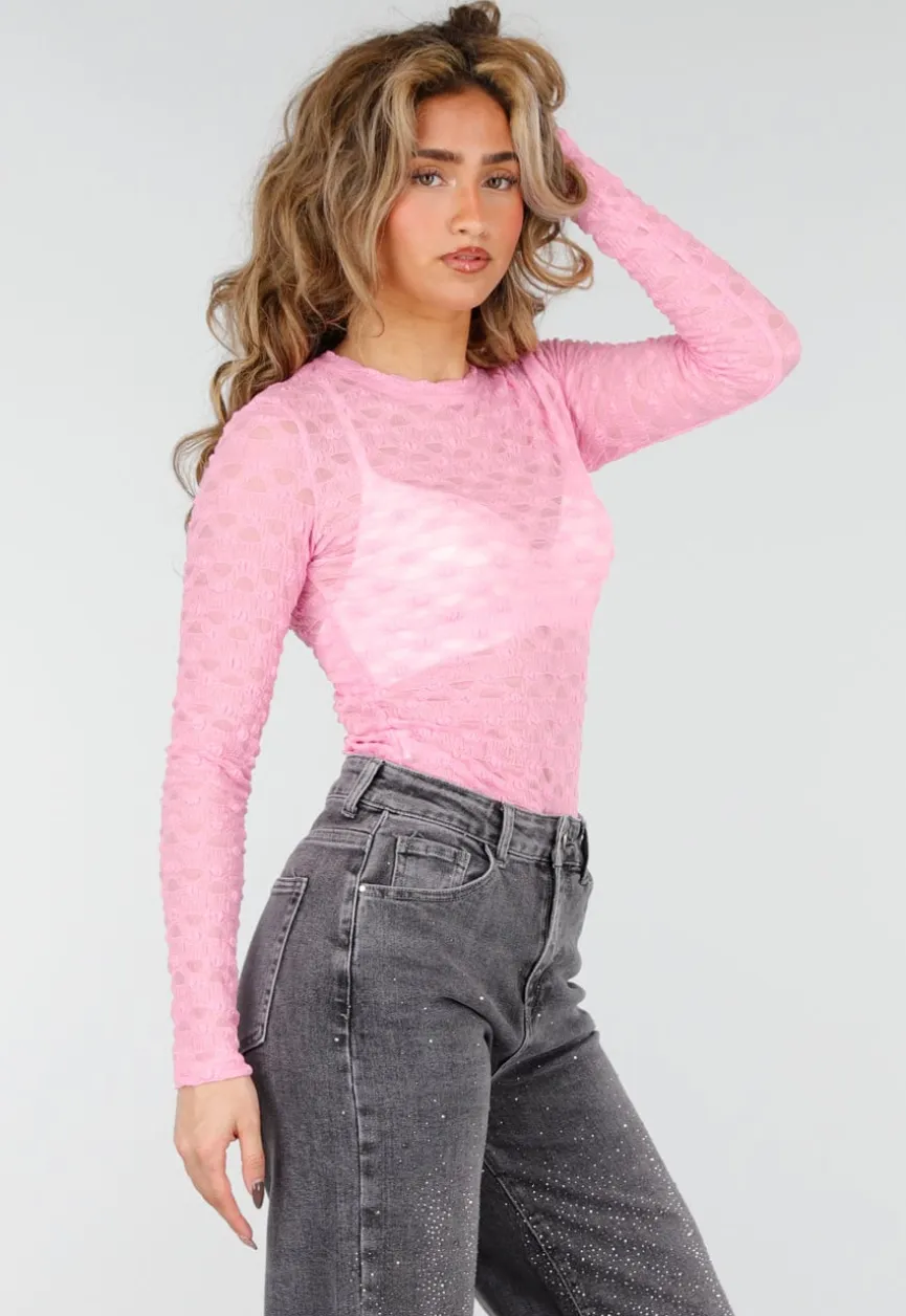Roze Mesh Body met Lange Mouwen met Stretch