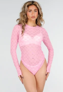 Roze Mesh Body met Lange Mouwen met Stretch