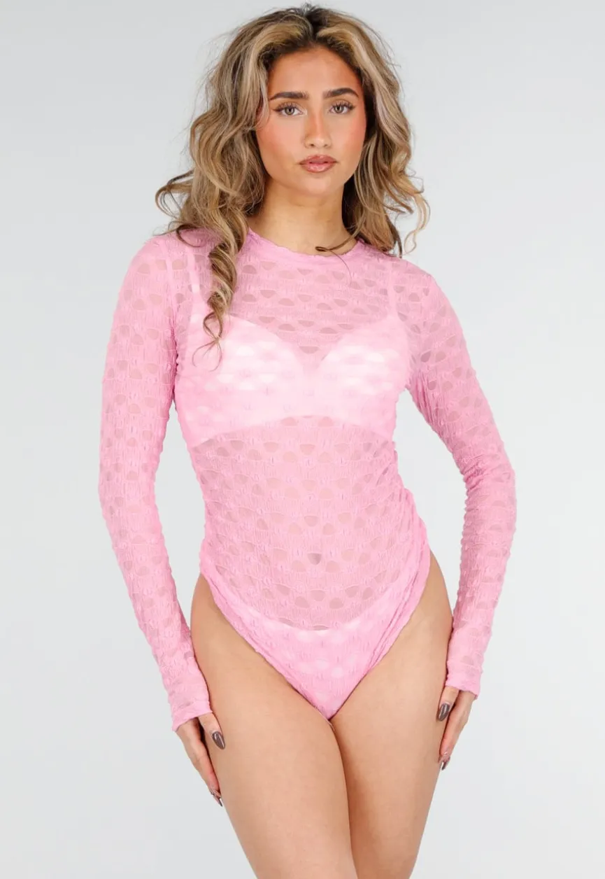 Roze Mesh Body met Lange Mouwen met Stretch