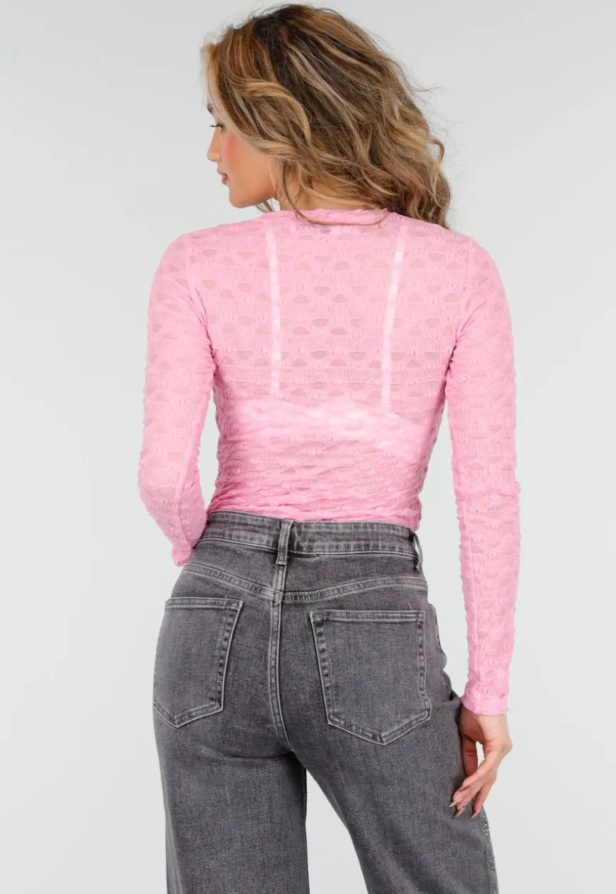 Roze Mesh Body met Lange Mouwen met Stretch