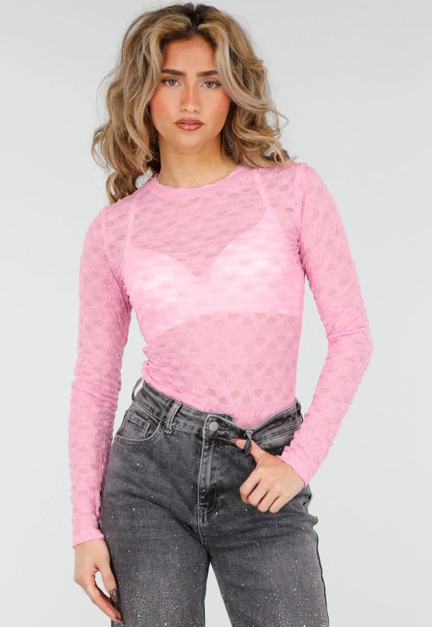Roze Mesh Body met Lange Mouwen met Stretch