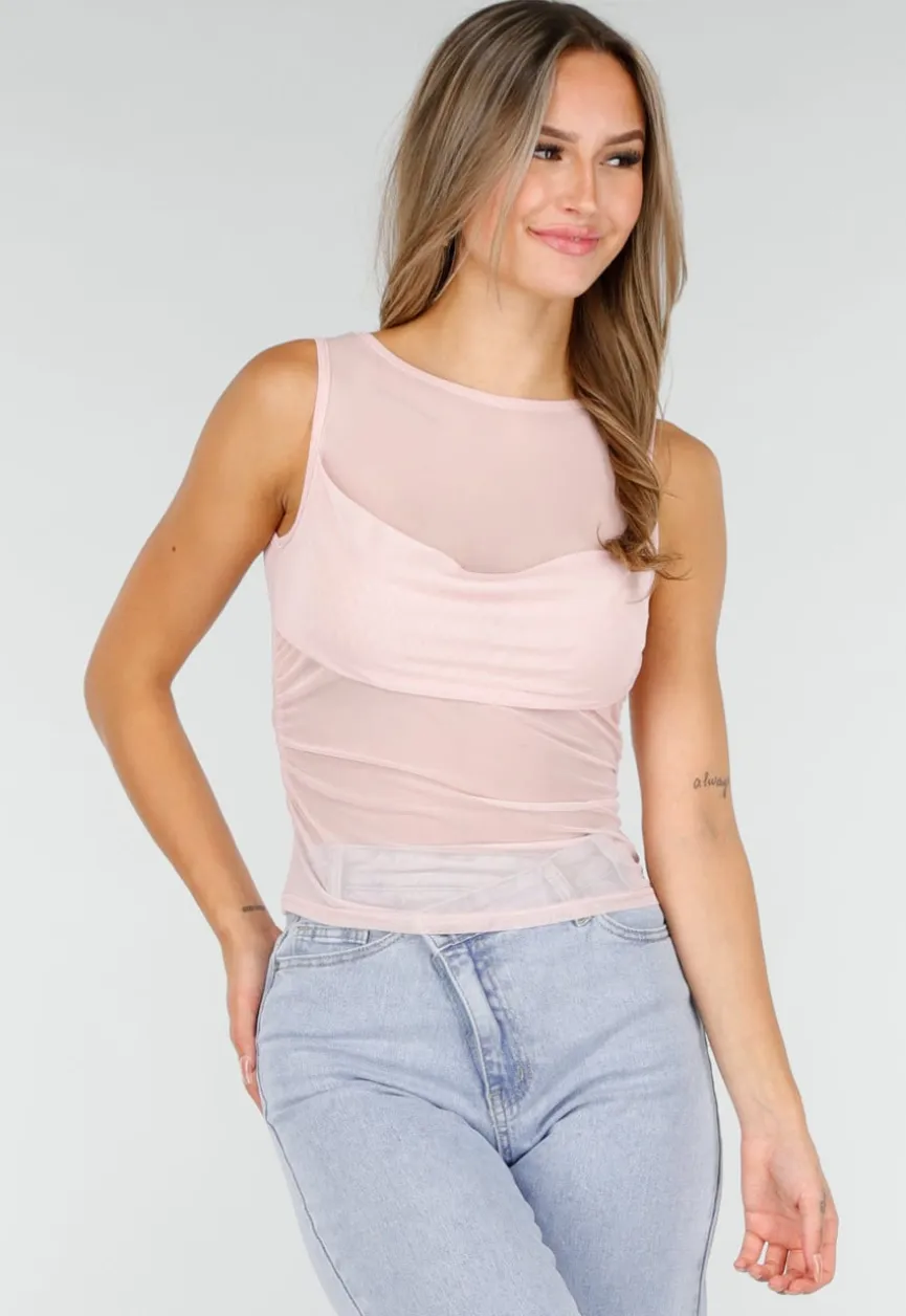 Roze Mesh Crop Top met Rimpeldetail en Stretch