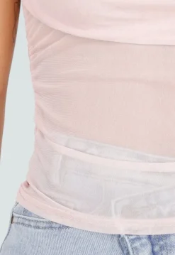 Roze Mesh Crop Top met Rimpeldetail en Stretch