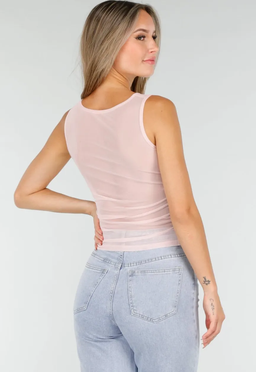 Roze Mesh Crop Top met Rimpeldetail en Stretch