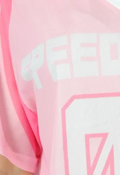 Roze Mesh Jersey Top met V-hals en Korte Mouwen en Print