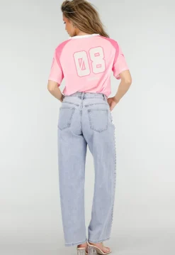Roze Mesh Jersey Top met V-hals en Korte Mouwen en Print