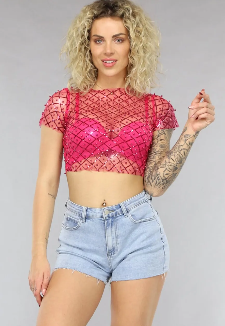 Roze Mesh Parel Top met Korte Mouwen