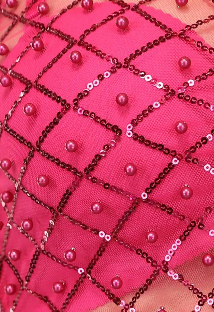 Roze Mesh Parel Top met Korte Mouwen