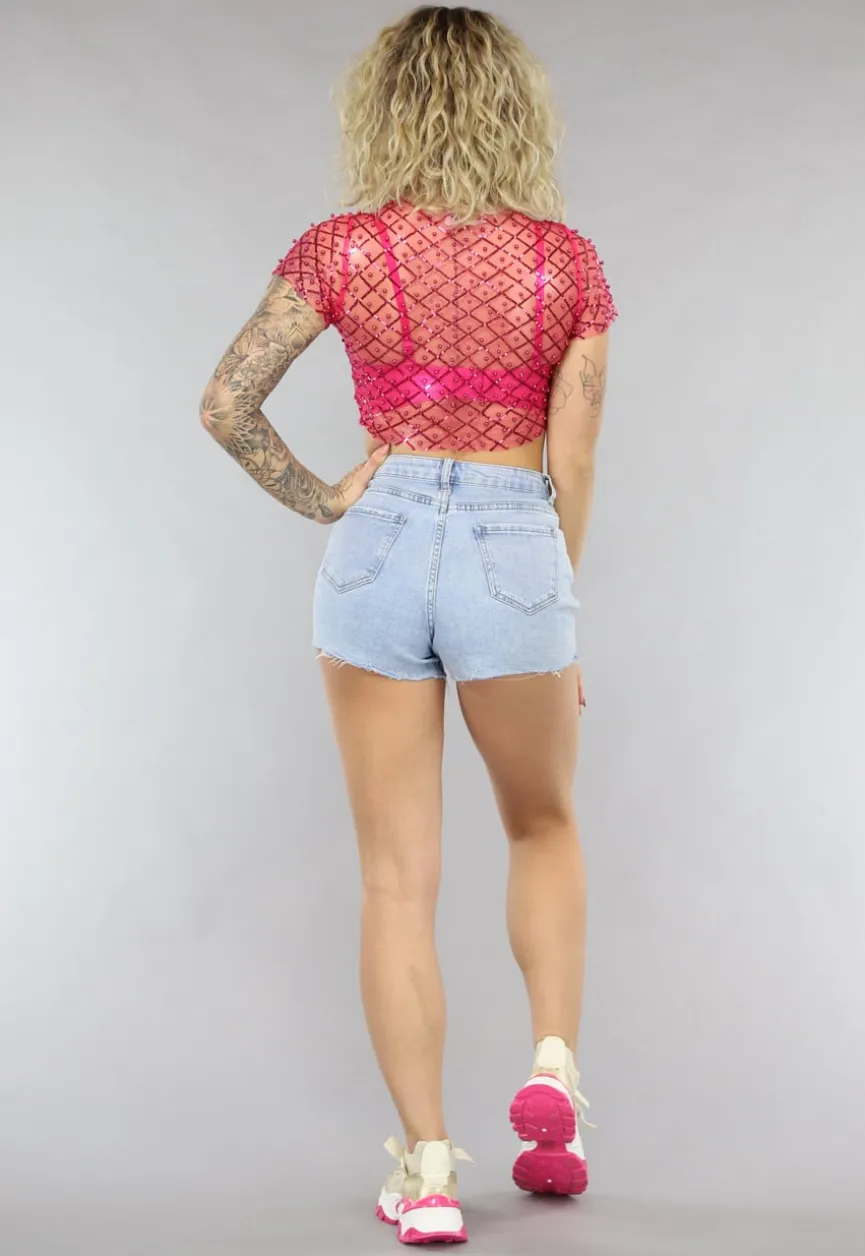 Roze Mesh Parel Top met Korte Mouwen