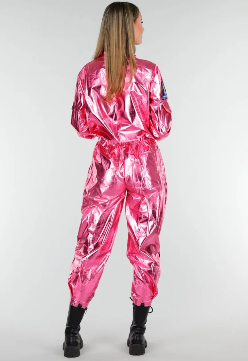 Roze Metallic Astronaut Jumpsuit met Patches, Zwarte Accenten en Elastische Manchetten