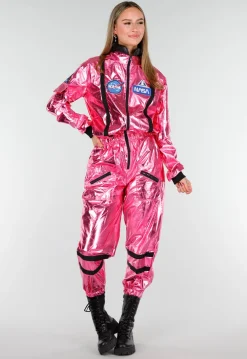 Roze Metallic Astronaut Jumpsuit met Patches, Zwarte Accenten en Elastische Manchetten