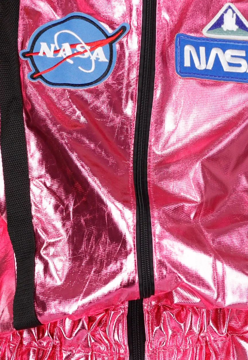 Roze Metallic Astronaut Jumpsuit met Patches, Zwarte Accenten en Elastische Manchetten
