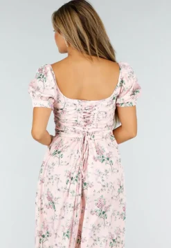 Roze Midi Jurk met Bloemenprint, Pofmouwen en Veterdetail