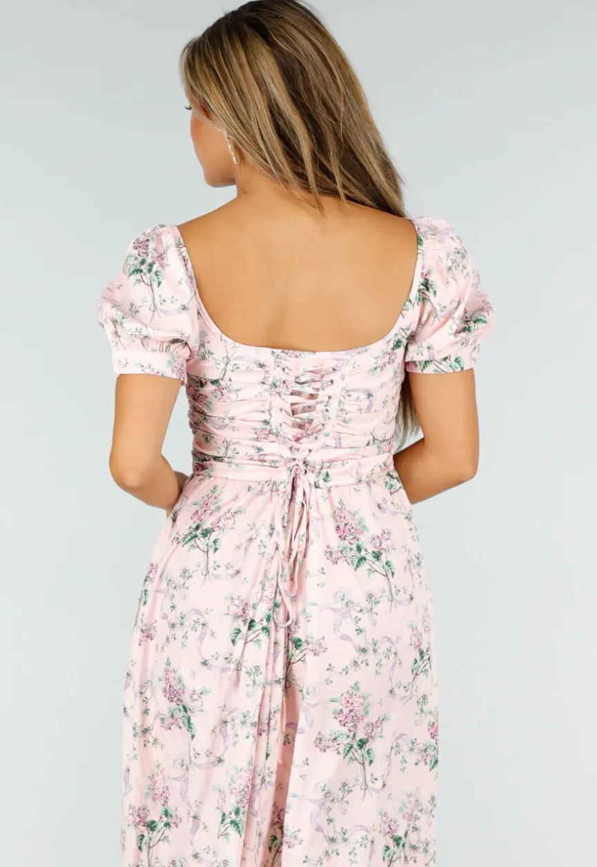 Roze Midi Jurk met Bloemenprint, Pofmouwen en Veterdetail
