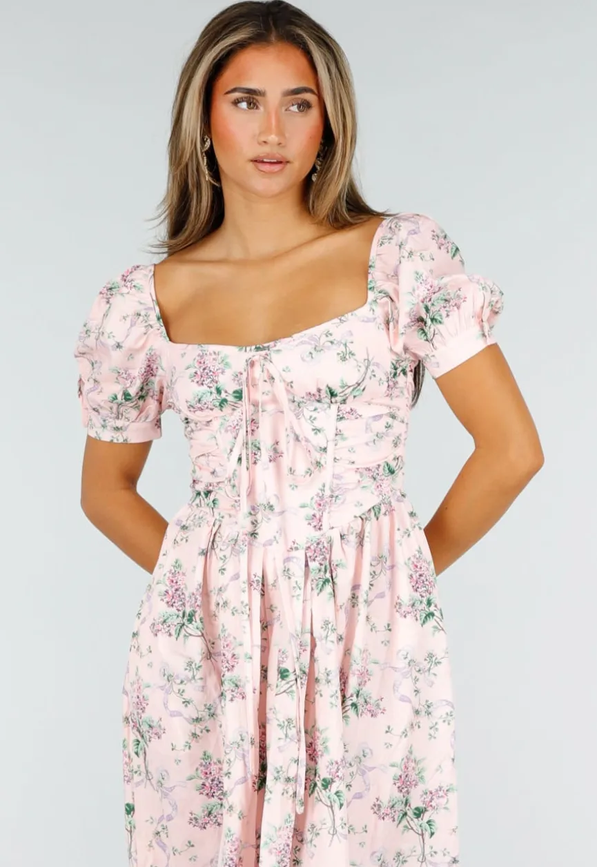 Roze Midi Jurk met Bloemenprint, Pofmouwen en Veterdetail