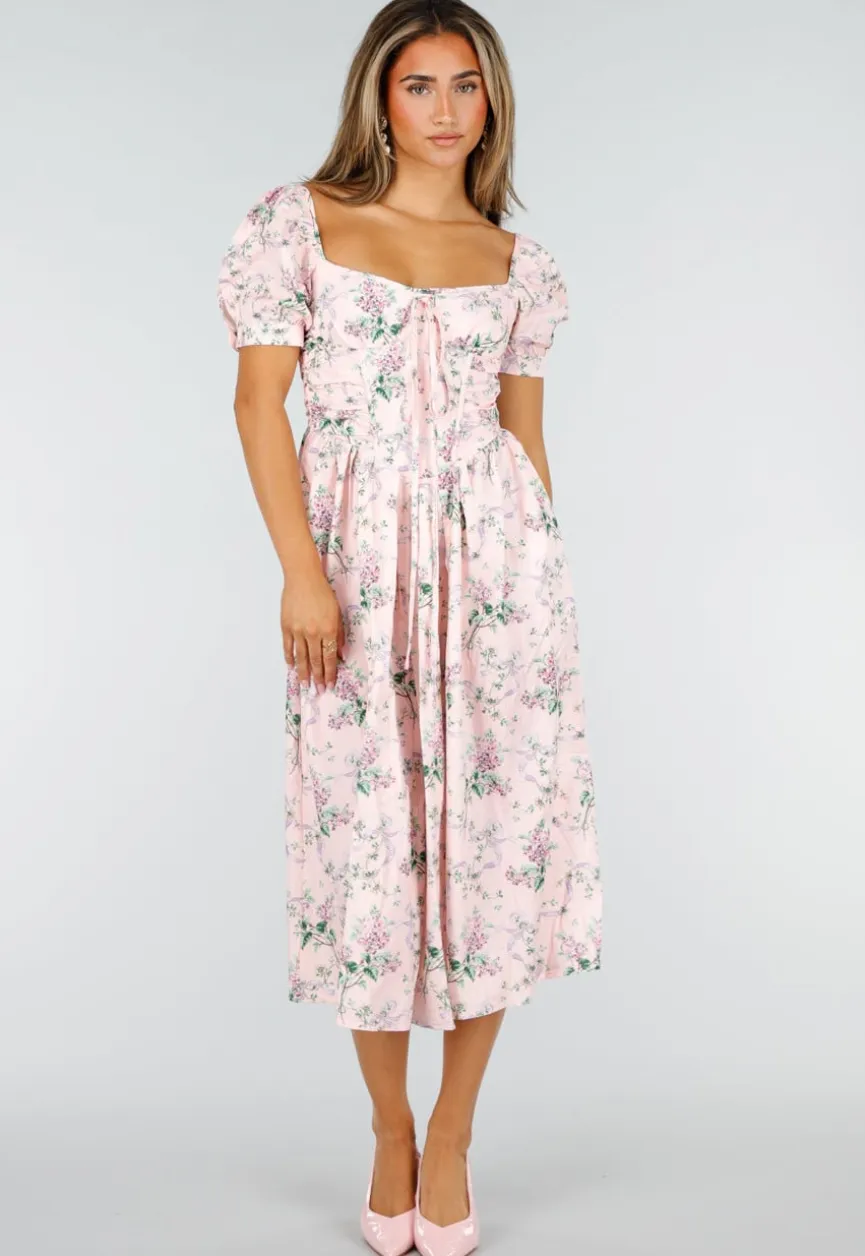 Roze Midi Jurk met Bloemenprint, Pofmouwen en Veterdetail
