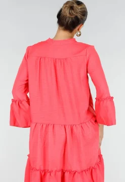 Roze Midi Jurk met V-hals en Ruffle Details